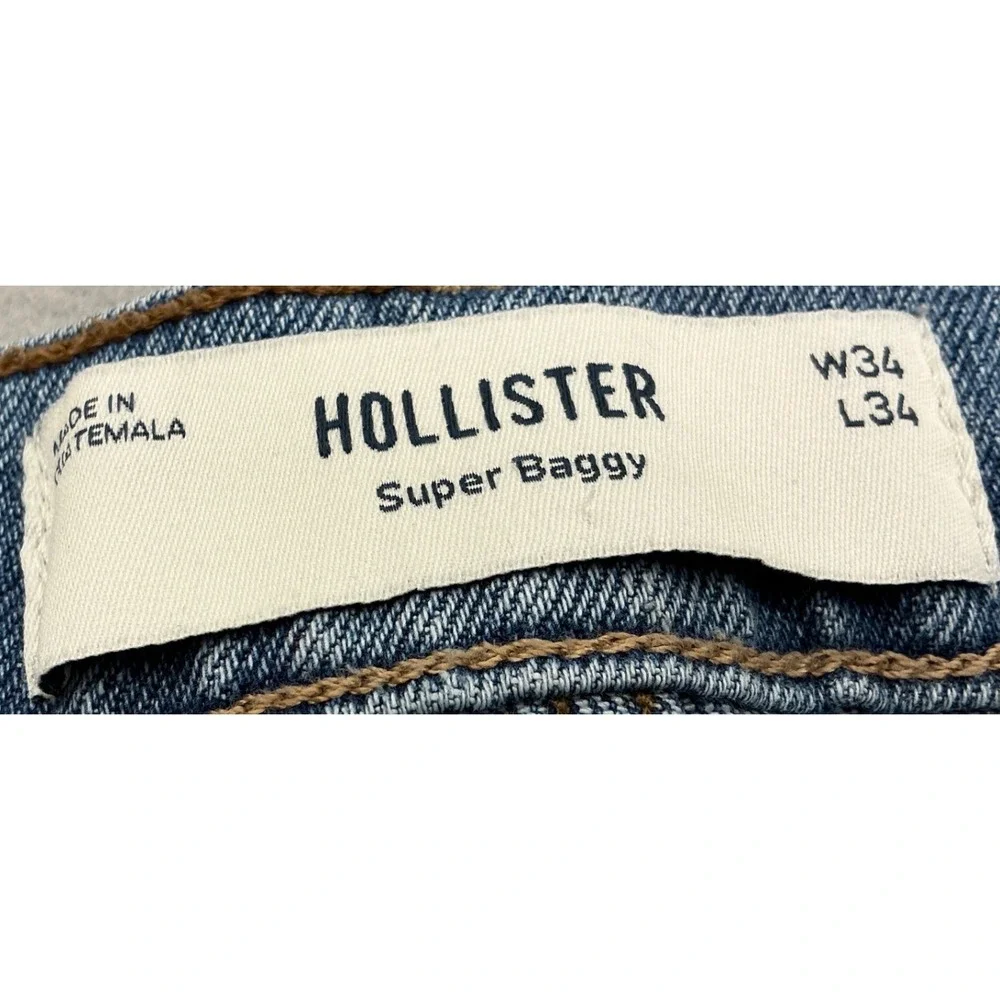 Hollister Wide Leg Super Baggy Jeans Med Wash Relaxed Fit 34x34 Mens Blue Denim